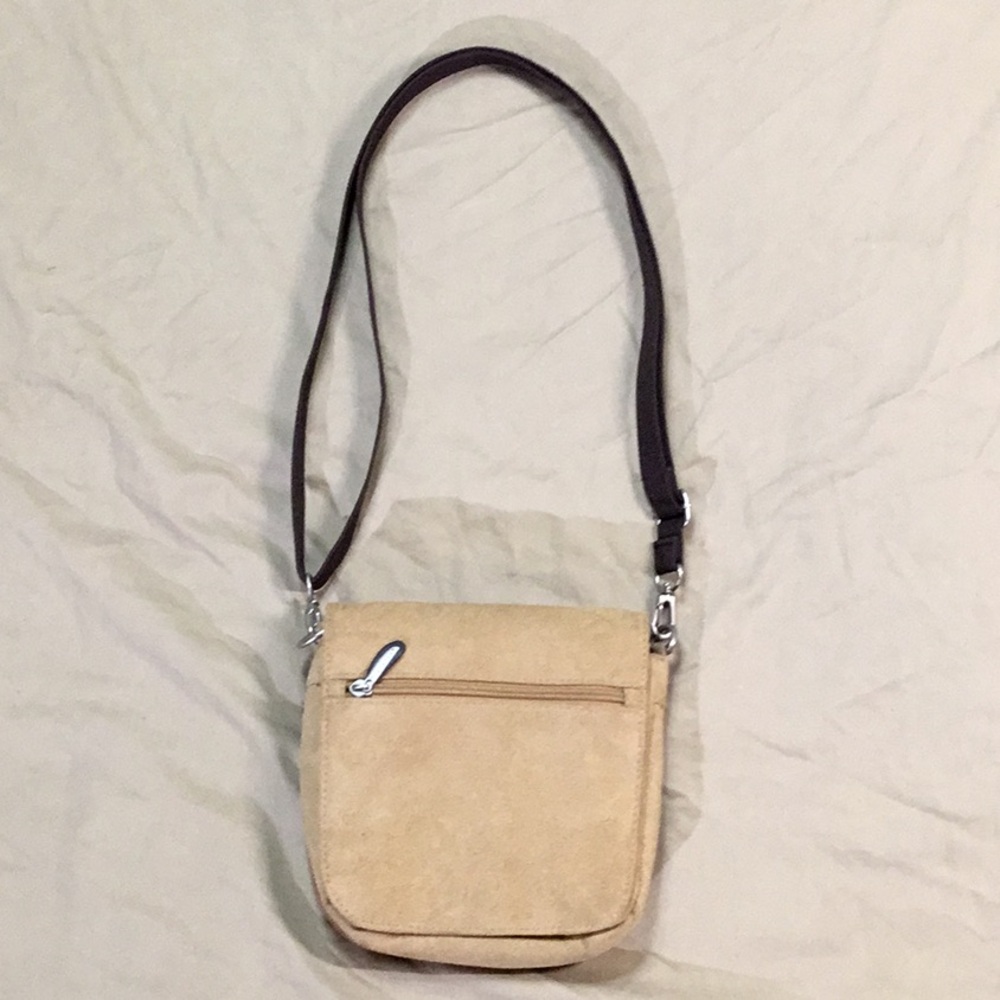 Travelon Crossbody Bag Tan Faux Suede Antitheft Travel Casual Everyday